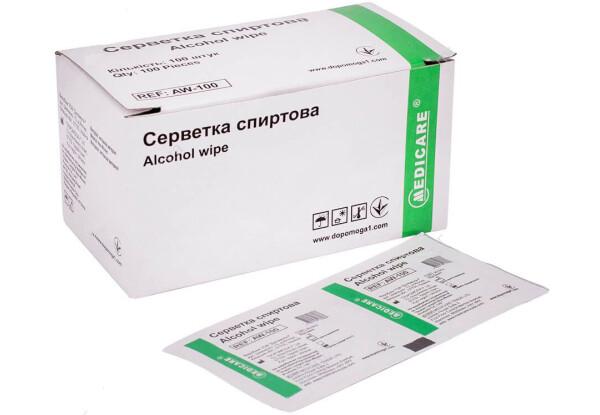Серветка спиртова MEDICARE, розмір 30 х 65мм, №100